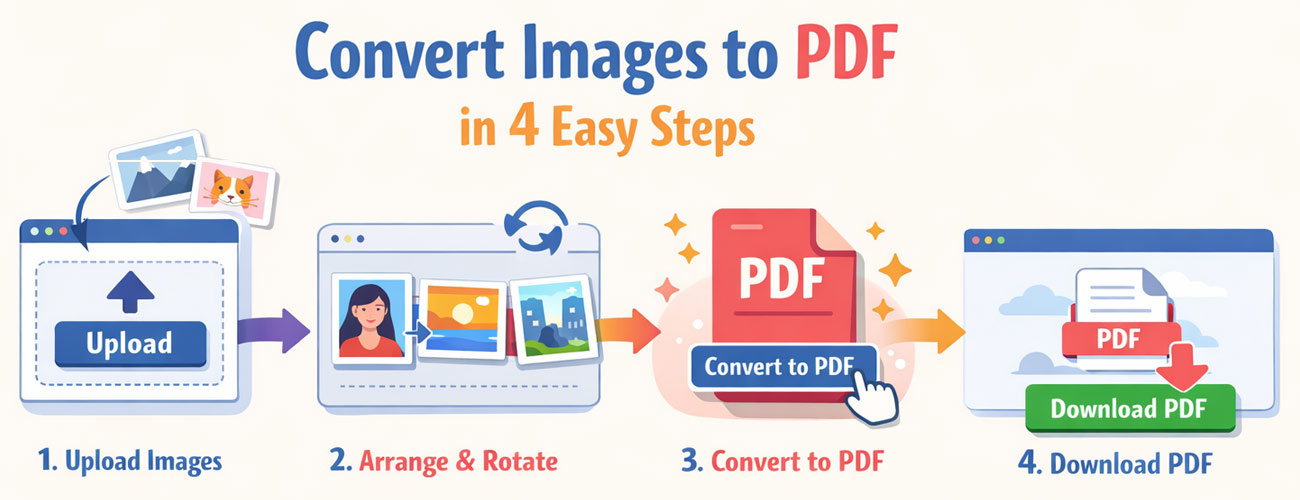 Step by step process to convert images to PDF online by uploading, rearranging, rotating and downloading the final PDF