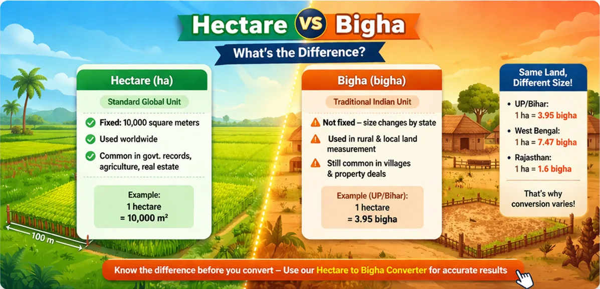 difference between hectare and bigha land measurement comparison