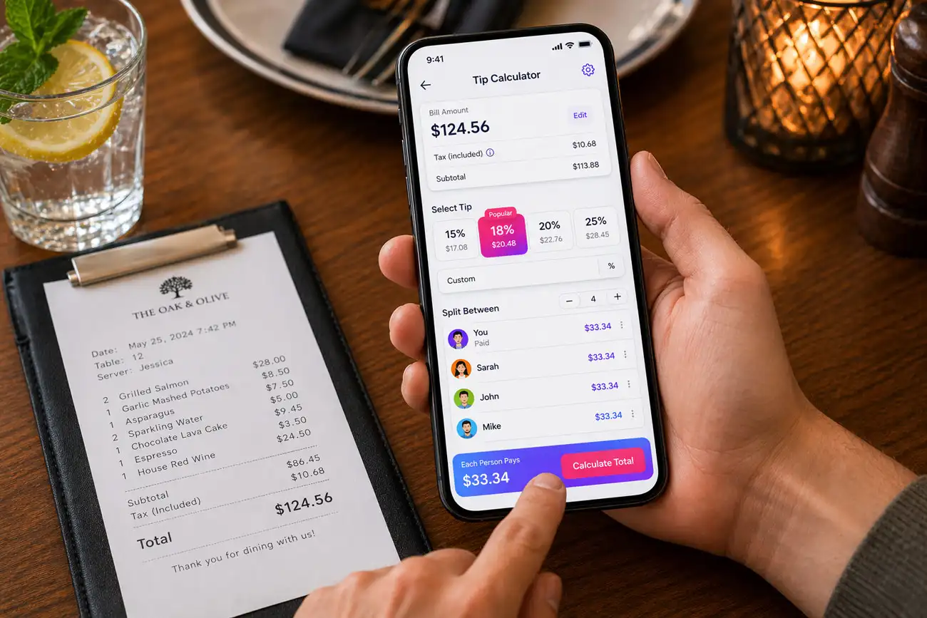 split bill tip calculator showing per person cost and tip percentage