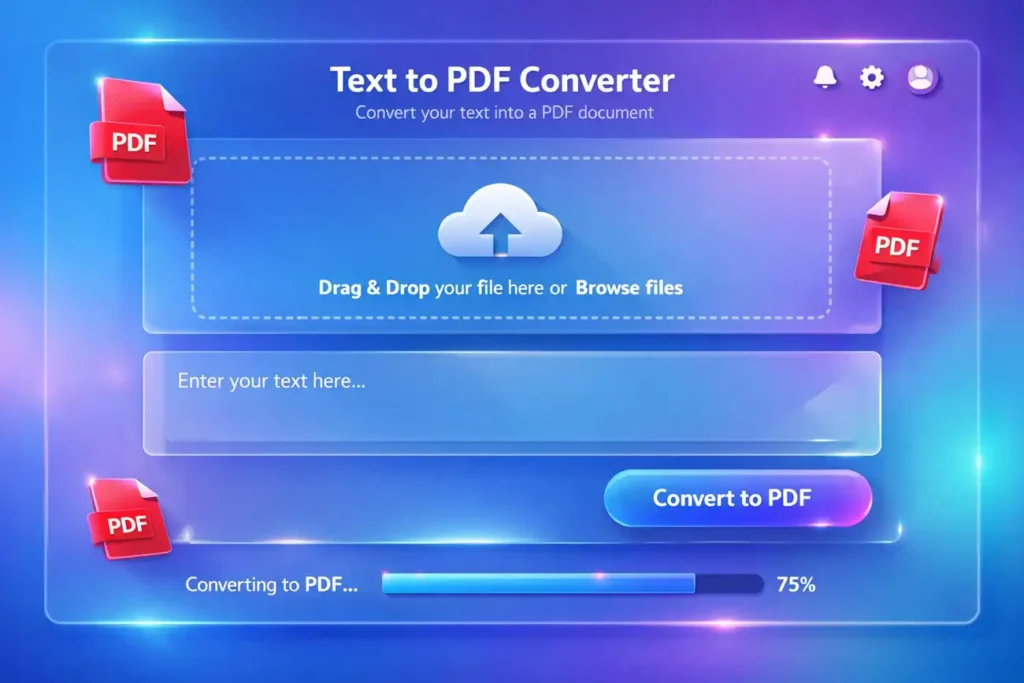 text to pdf converter online tool interface with upload and convert options