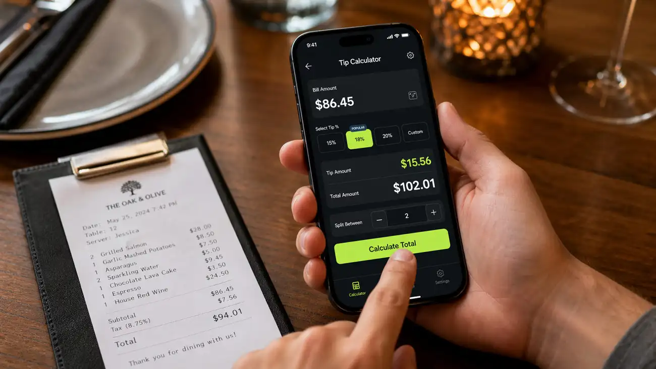 tip calculator app on phone calculating tip with bill on restaurant table