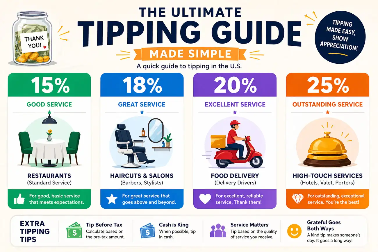 US tipping percentage guide for restaurant haircut and delivery services