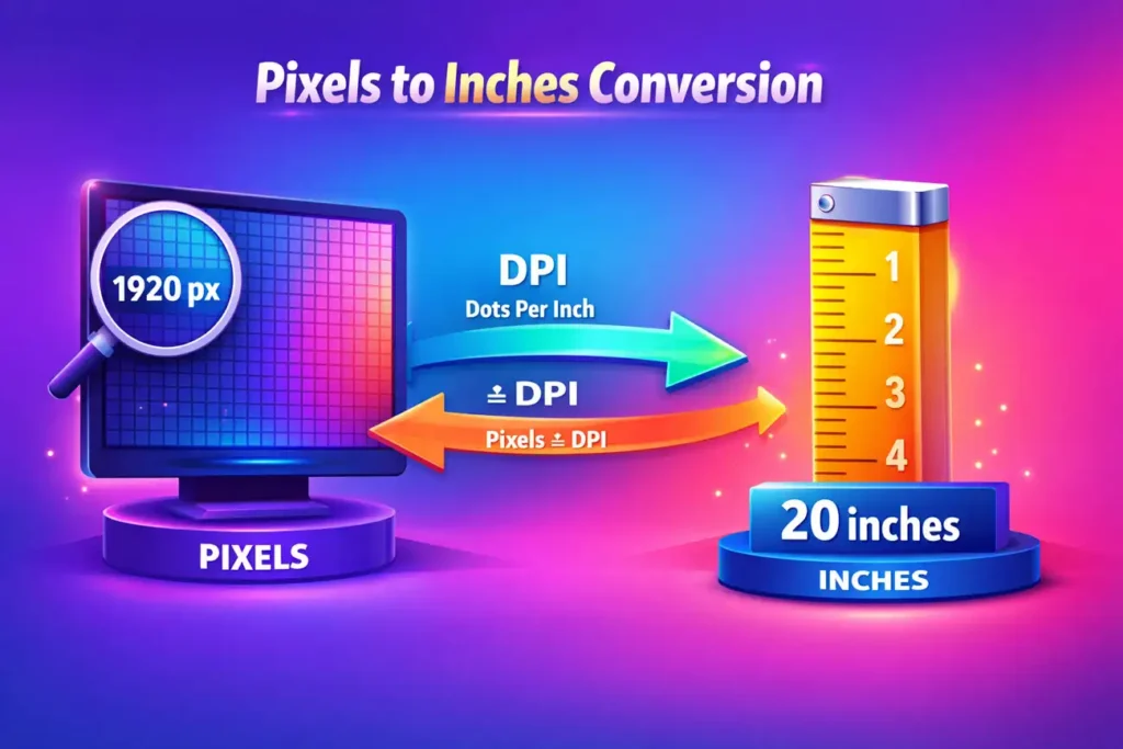 pixel to inches conversion infographic with DPI explanation