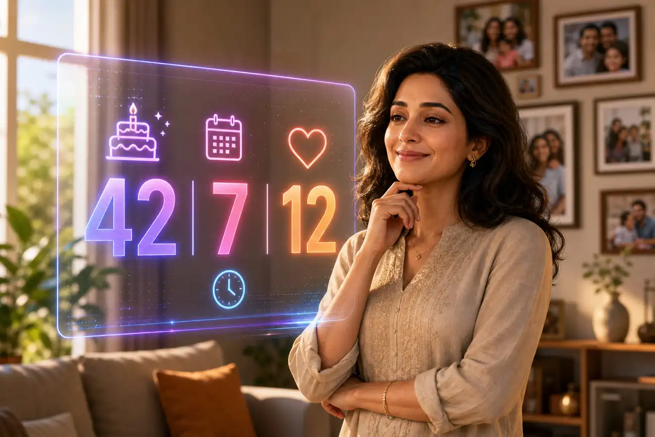 woman using chronological age calculator on holographic screen showing 42 years 7 months 12 days in colorful living room