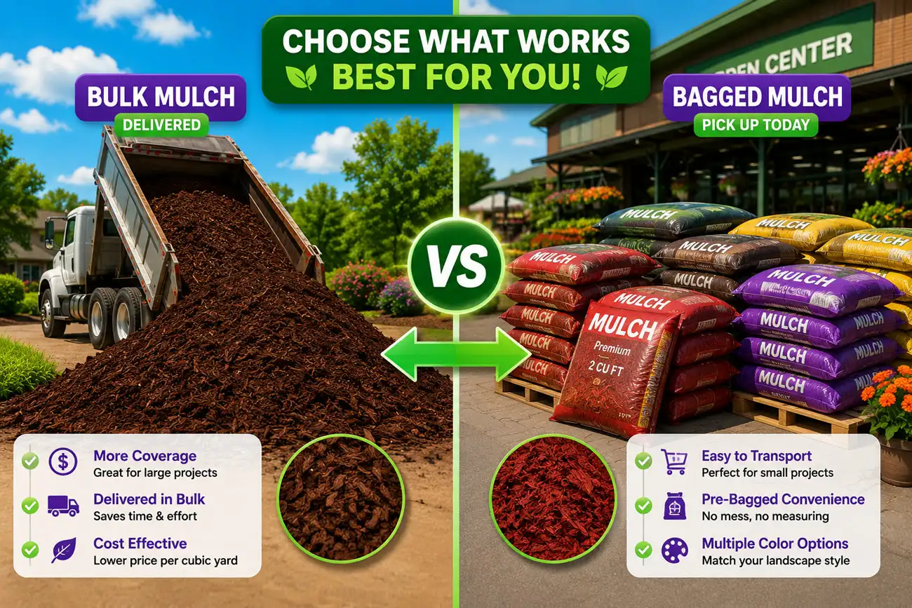 Comparison between bulk mulch by the cubic yard and bagged mulch from garden center