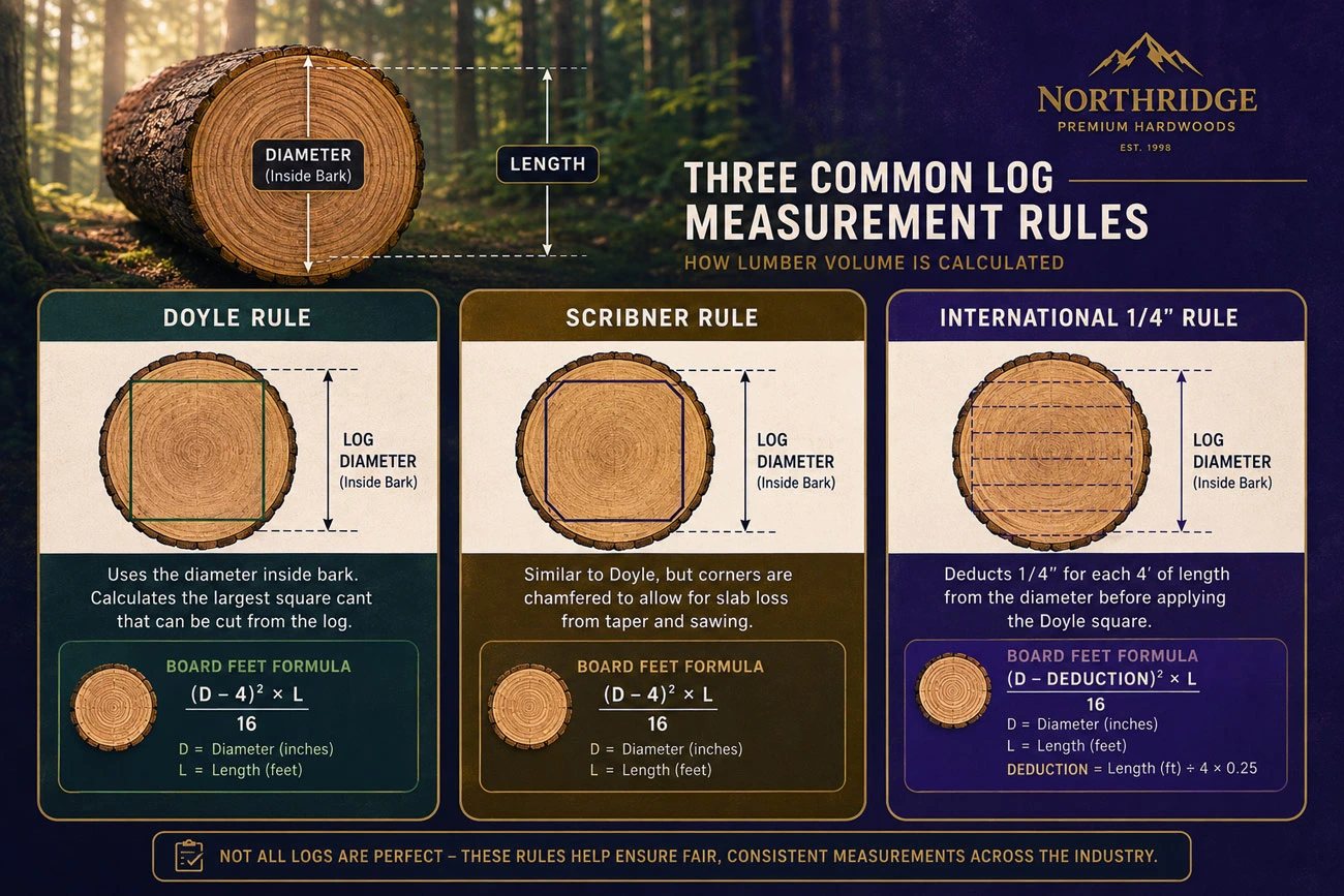 Comparison diagram of Doyle, Scribner, and International 1/4 log rules for calculating board feet from logs