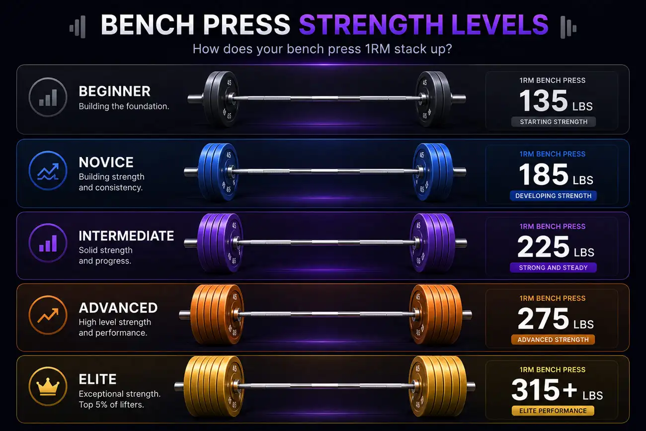 Dumbbell to bench press conversion chart showing 75lb dumbbells equals 185lb barbell bench