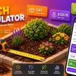 Mulch calculator on phone showing cubic yards and bags needed for garden bed