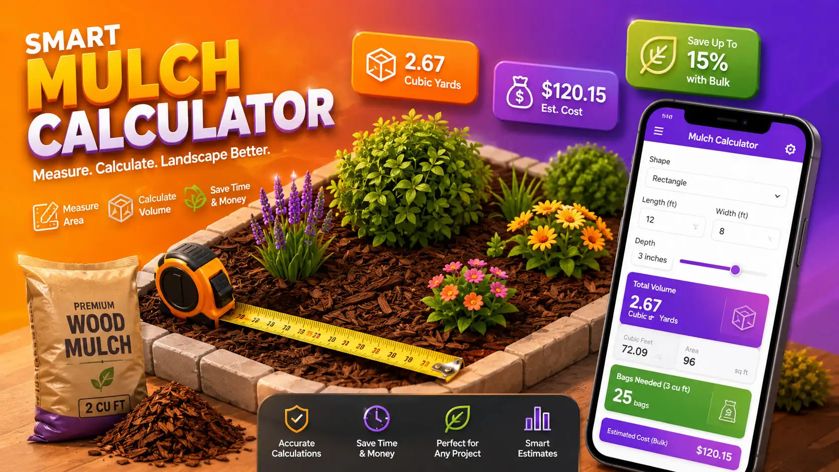 Mulch calculator on phone showing cubic yards and bags needed for garden bed