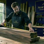 Carpenter measuring lumber width with tape measure for board foot calculation