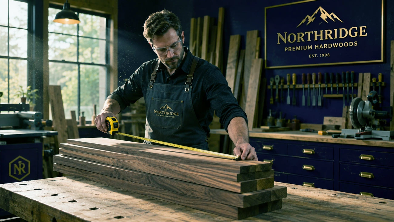 Carpenter measuring lumber width with tape measure for board foot calculation