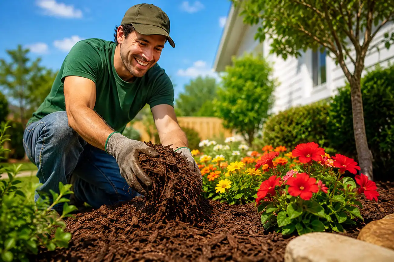 Happy gardener spreading mulch around flowers in backyard garden bed