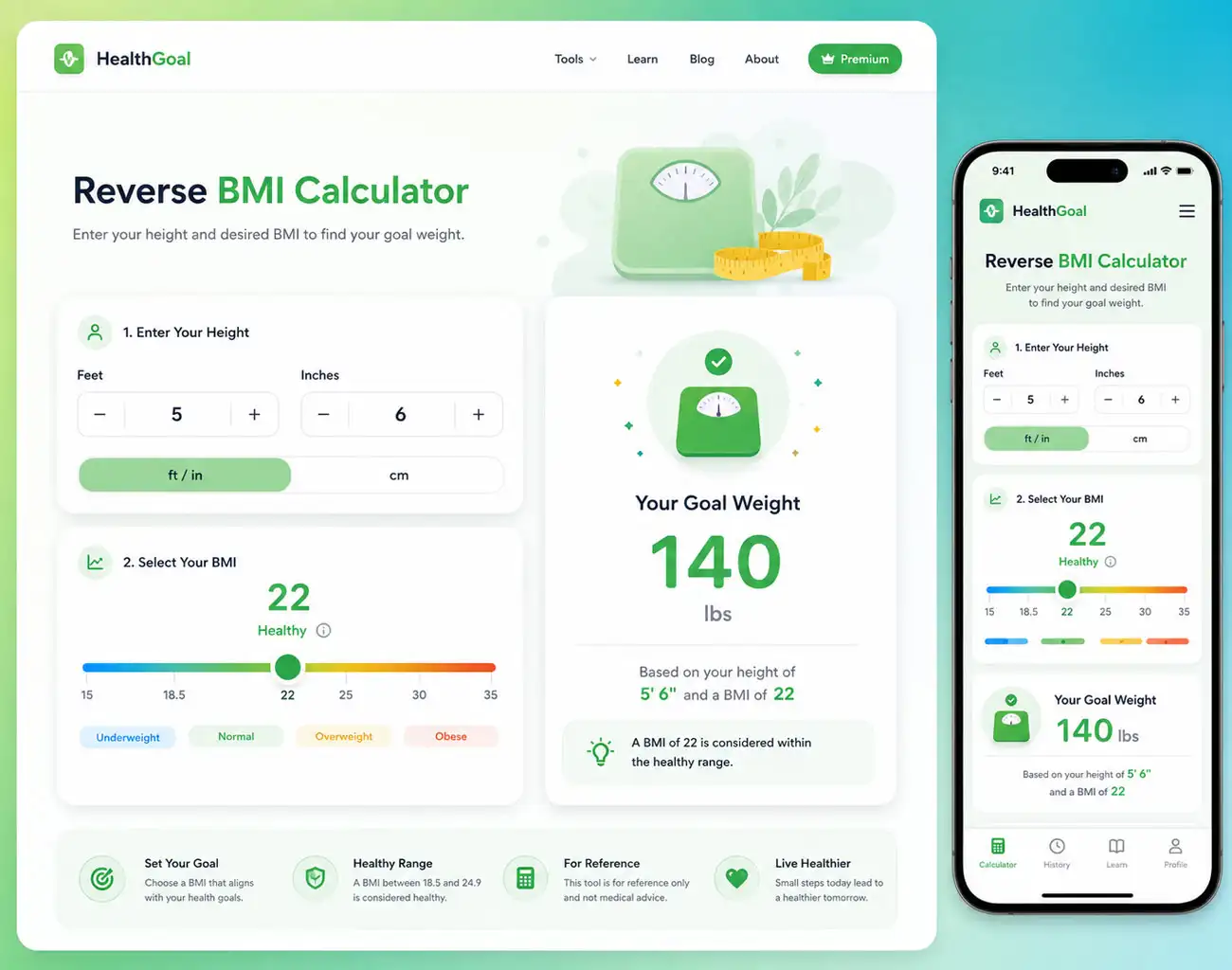 reverse BMI calculator interface showing height and target BMI selection