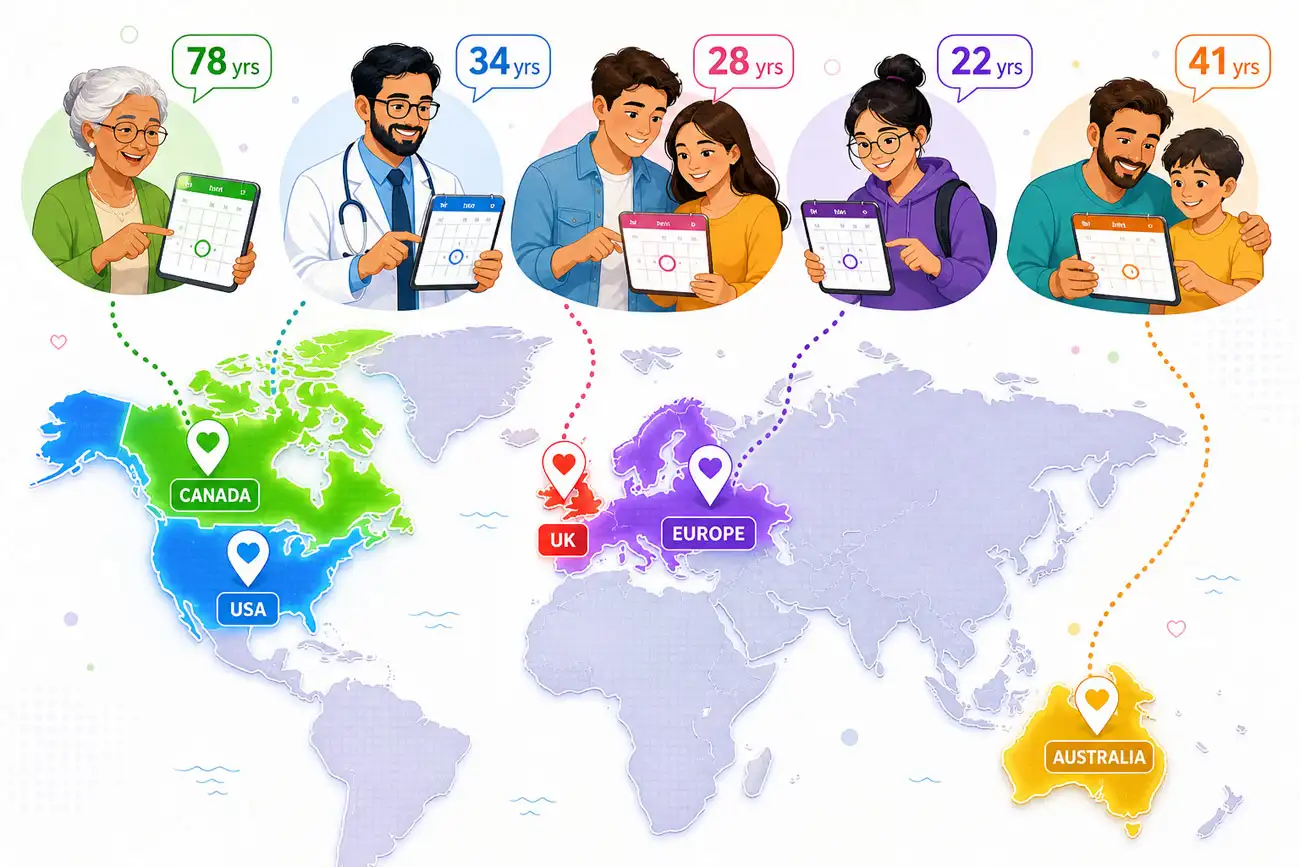 chronological age calculator used by people in USA UK Canada Australia and Europe world map illustration