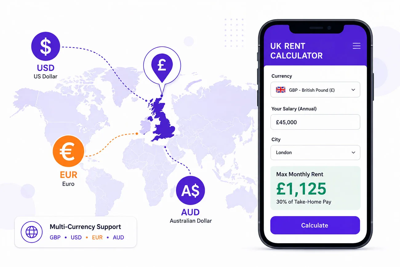 UK rent affordability calculator supporting GBP, USD, EUR, AUD currencies