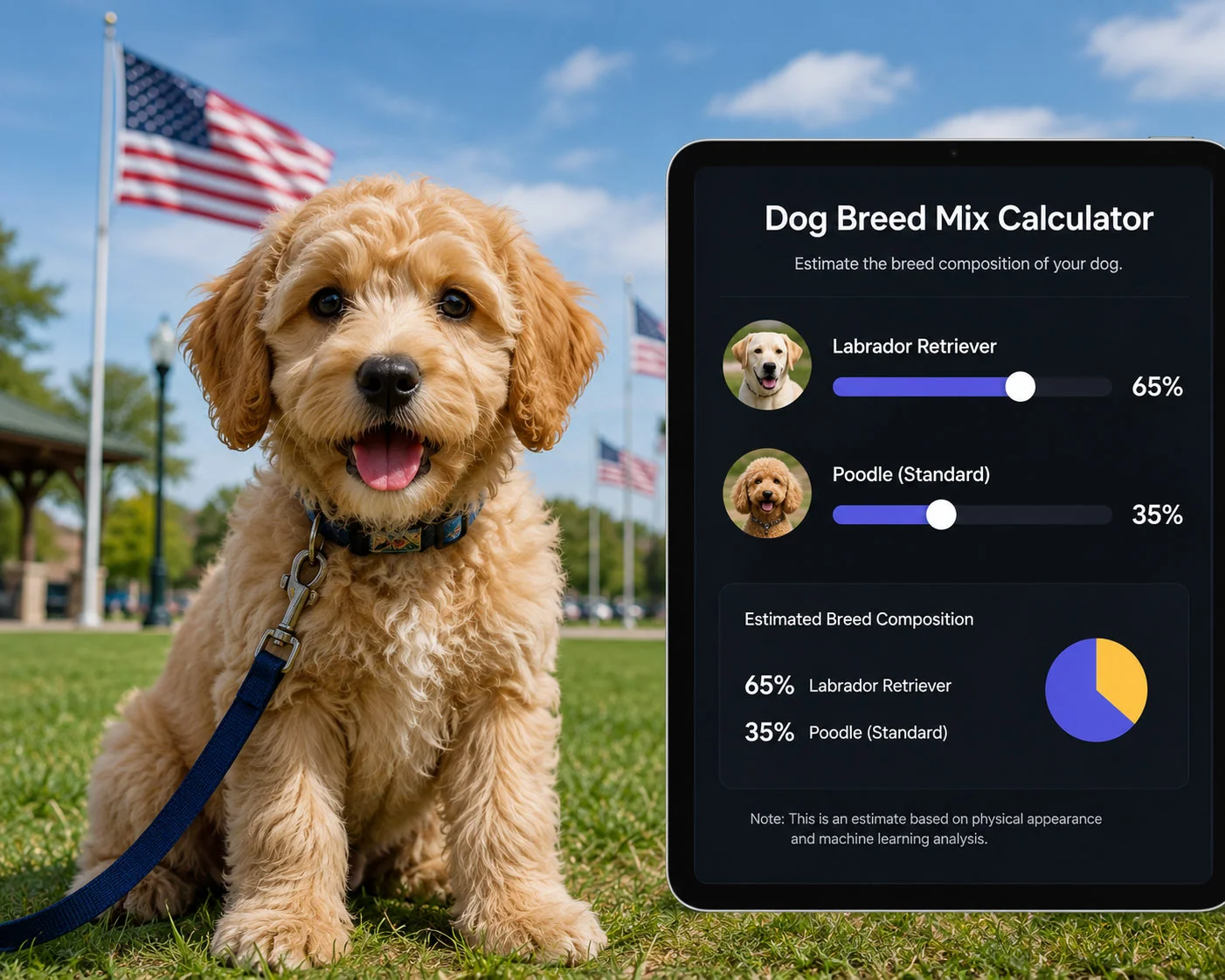 Mixed breed puppy weight calculator with breed percentage sliders for Labradoodle