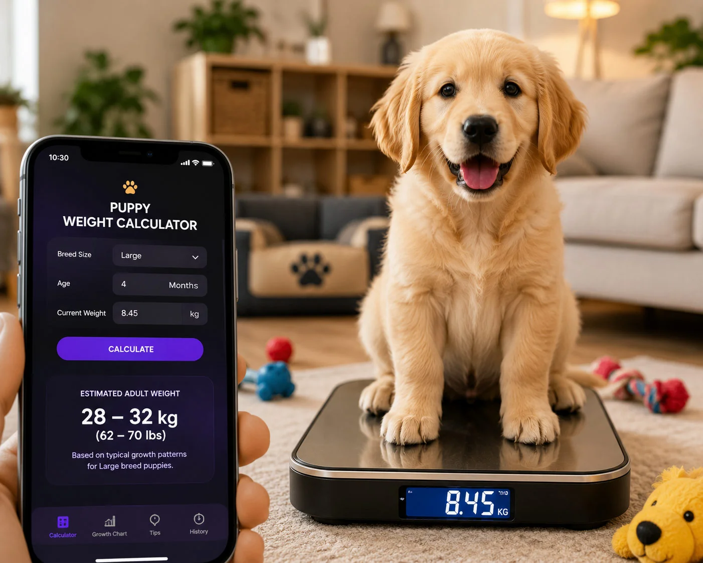 Puppy weight calculator on smartphone with Golden Retriever puppy on scale