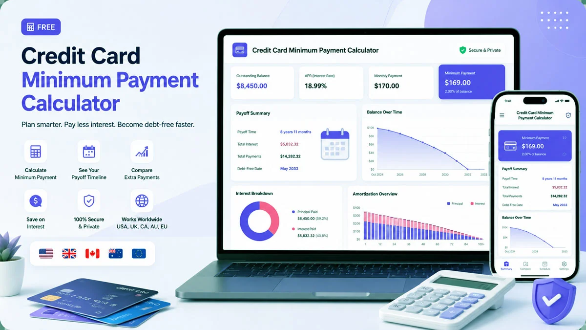 Credit Card Minimum Payment Calculator showing payoff time, interest cost, and debt-free date