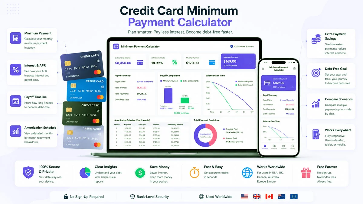 Features of the Credit Card Minimum Payment Calculator including APR, payoff timeline, amortization schedule, and extra payment savings
