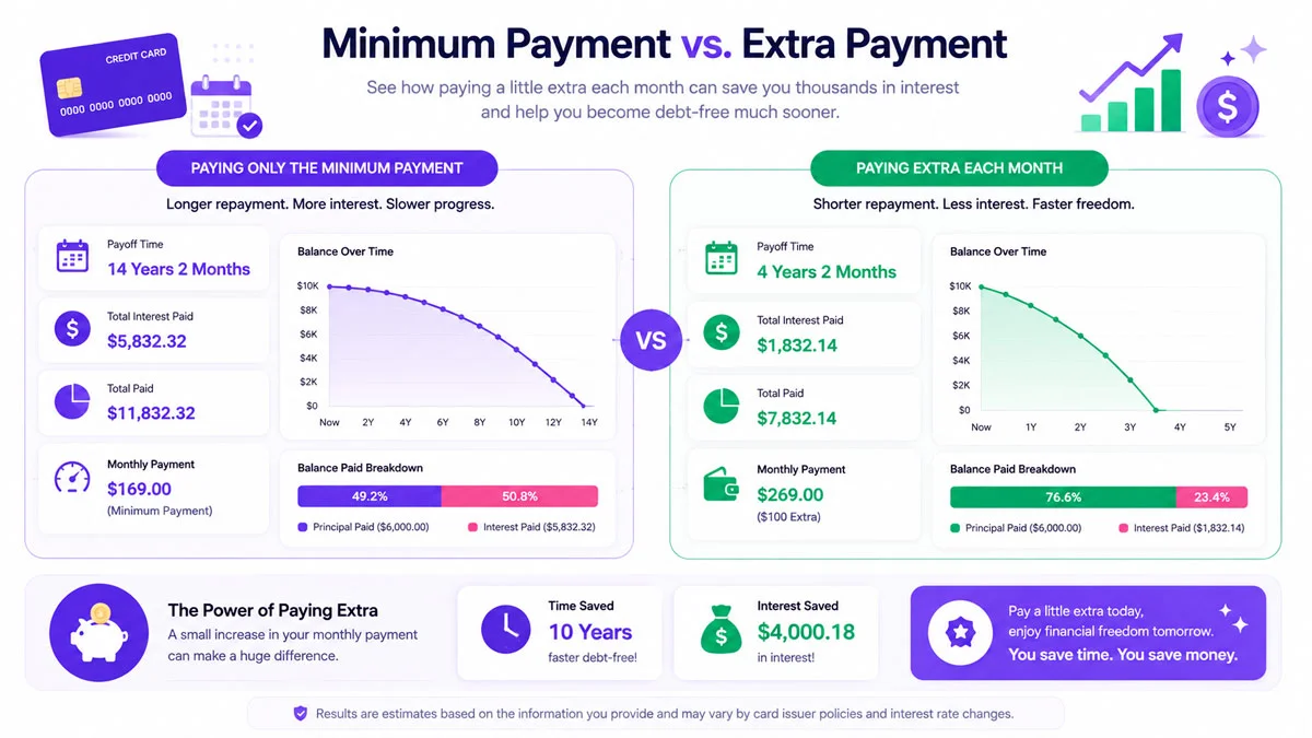 Credit Card Minimum Payment Calculator showing payoff time, interest cost, and debt-free date