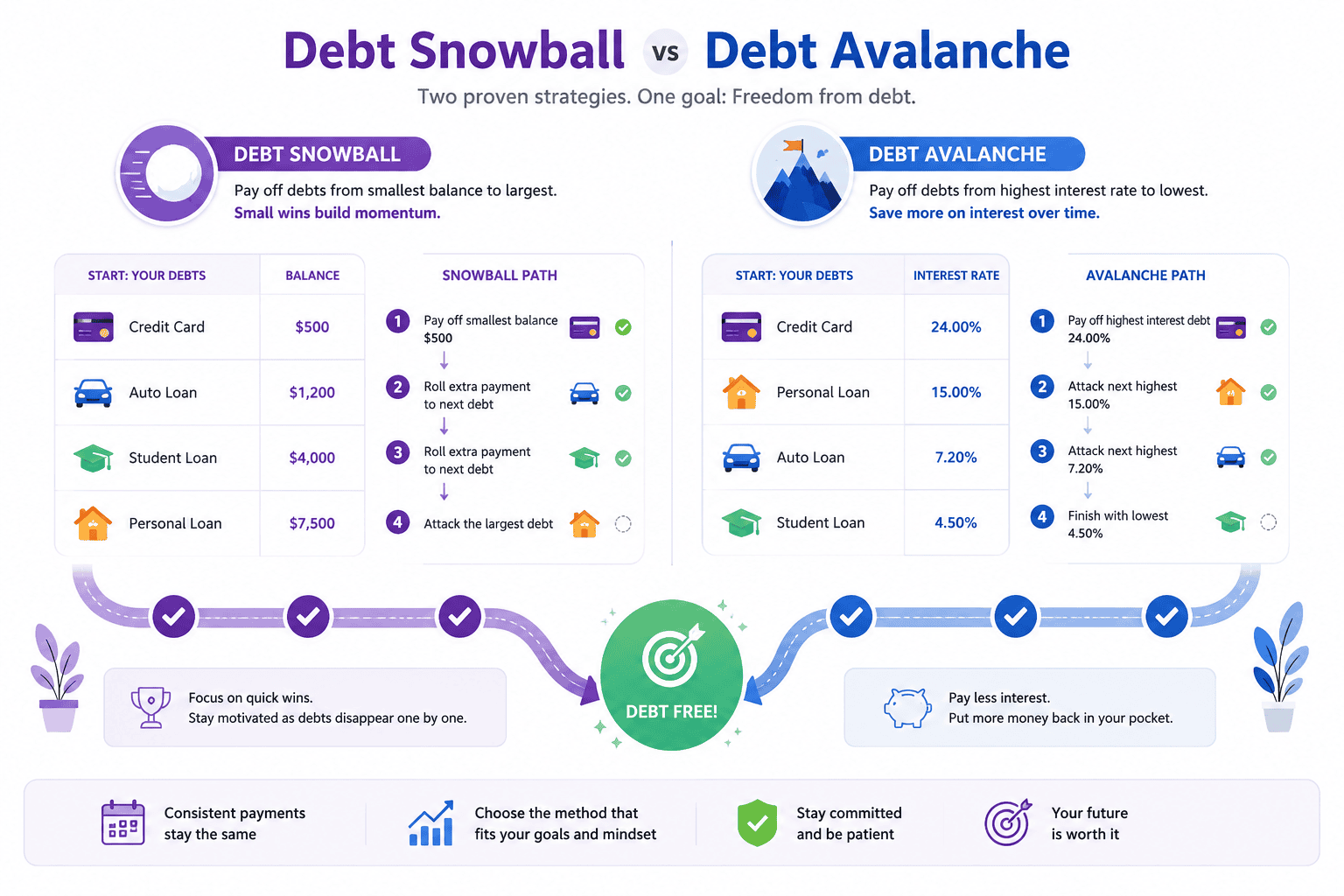 Debt snowball vs avalanche debt repayment comparison